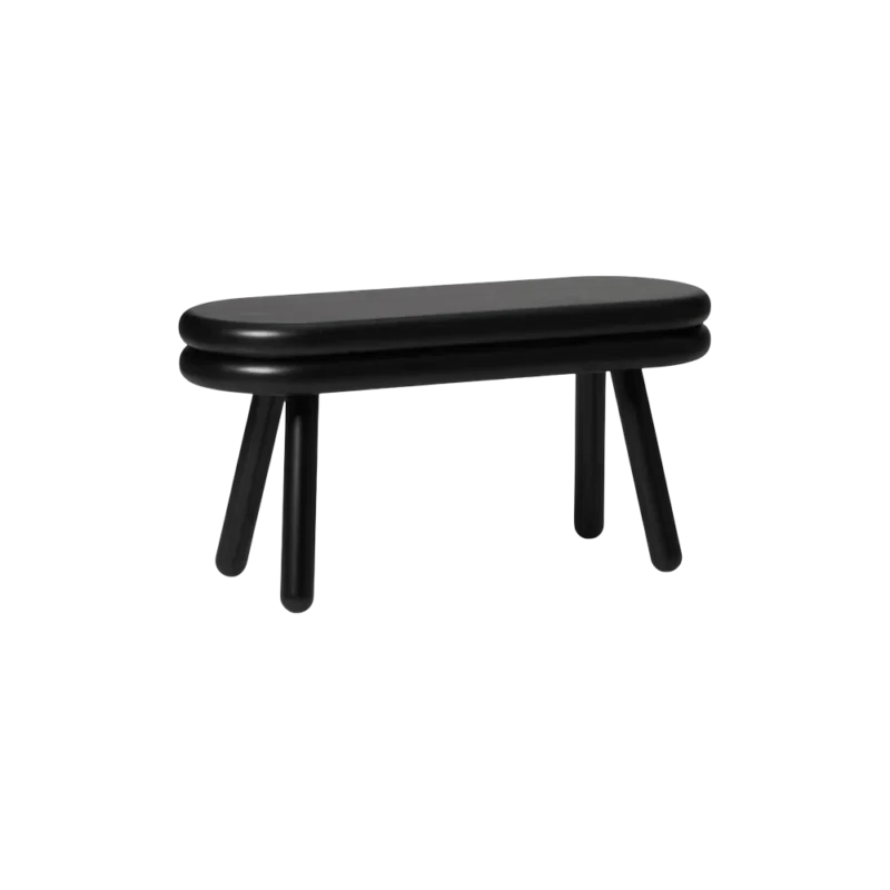 Areaware Pluma Bench — sculptural painted wood bench, black matte finish with curved seat and four legs
