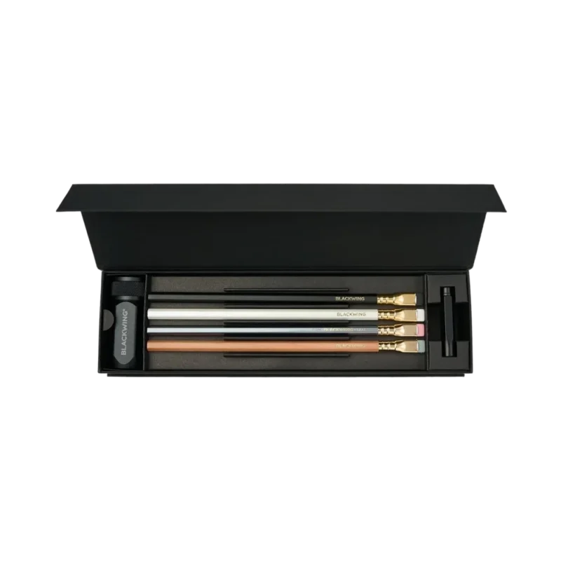 Blackwing Pencil Essentials Set – premium graphite pencils with sharpener and point guard in embossed gift box