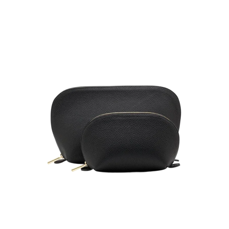 Cuyana Travel Case Set — leather cosmetic pouches, black pebbled Argentine leather with gold zippers