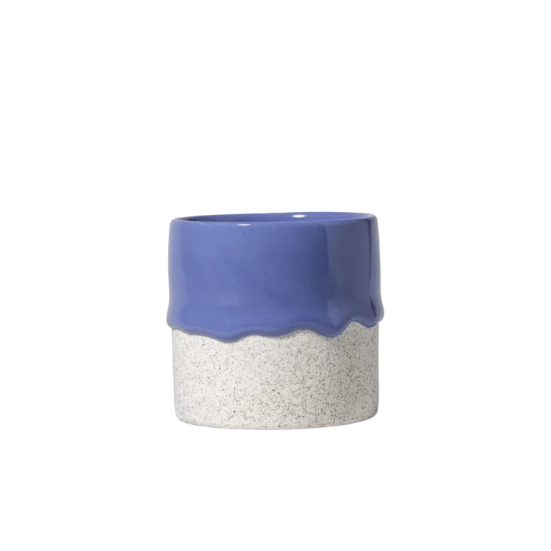 Drippy Pots Squat Cylinder — handmade ceramic cup, periwinkle blue drippy glaze over speckled white clay