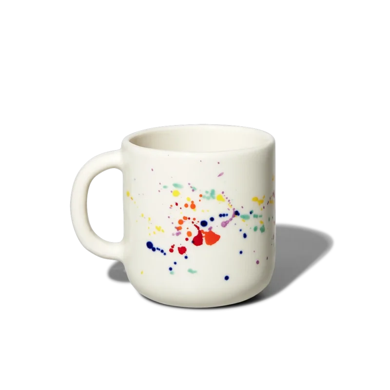 Felt+Fat Confetti Coffee Mug - handmade white ceramic mug with colorful hand-splattered glaze in red, blue, yellow, green, and purple