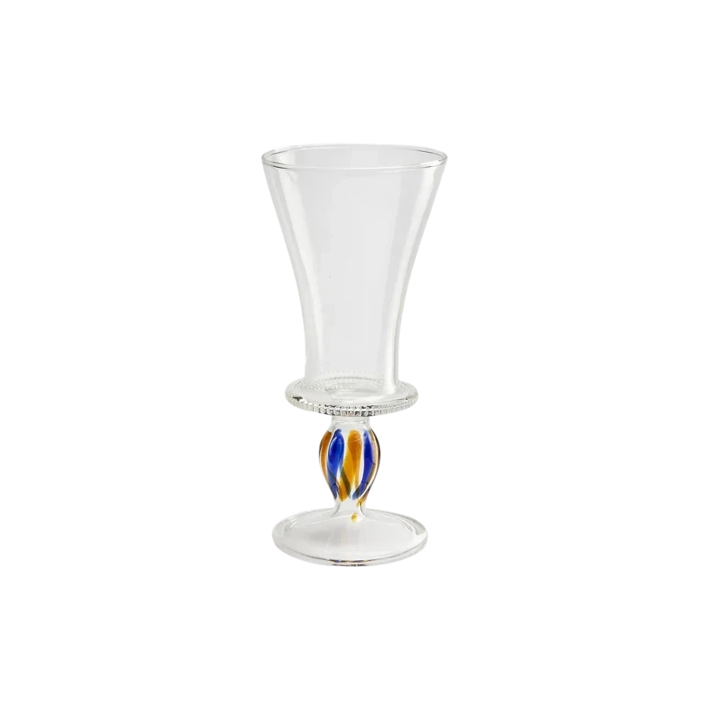 Gohar World Alexandria Wine Glass — hand-blown wine glass, clear bowl with amber and blue striped stem