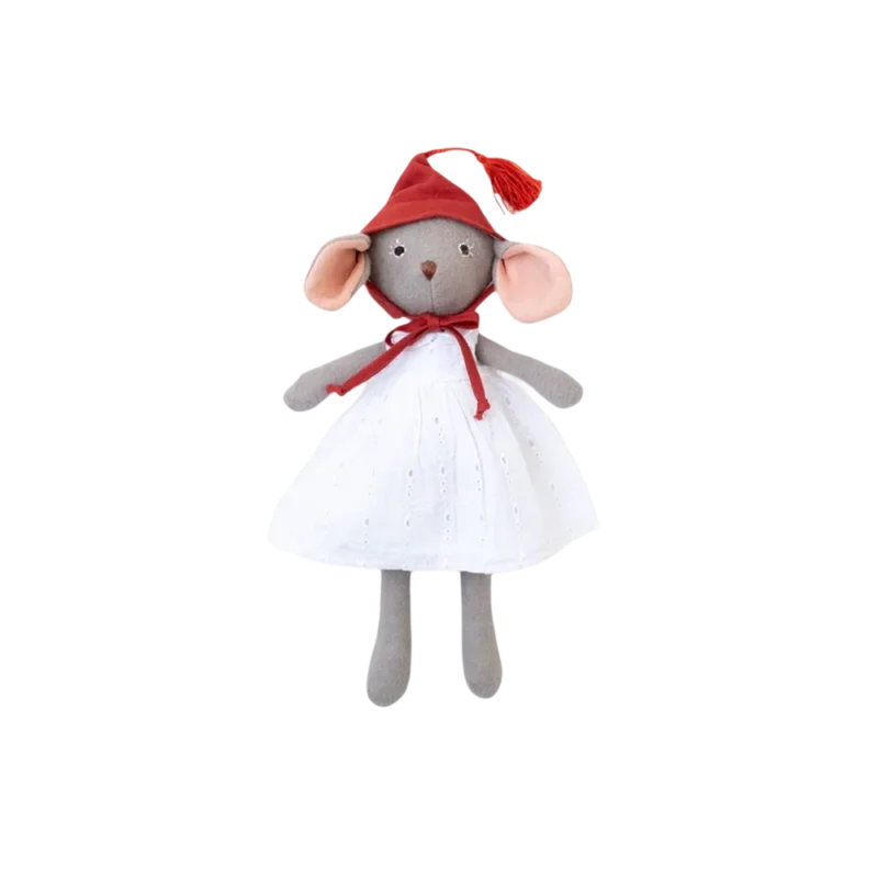 Hazel Village Catalina Mouse – organic cotton stuffed animal in white eyelet dress and red bonnet