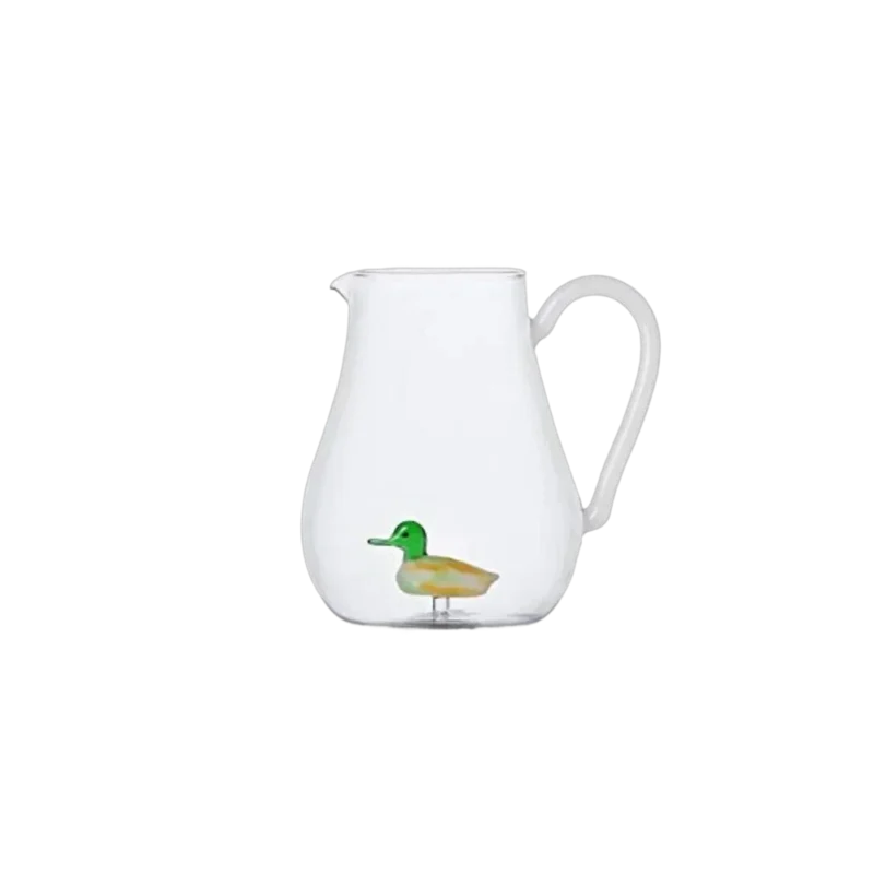 Ichendorf Milano Animal Farm Duck Pitcher — hand-blown borosilicate glass pitcher with mallard duck sculpture inside