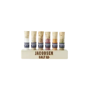 Jacobsen Salt Co. Six Vial Infused Salt Set with Branded Wood Stand