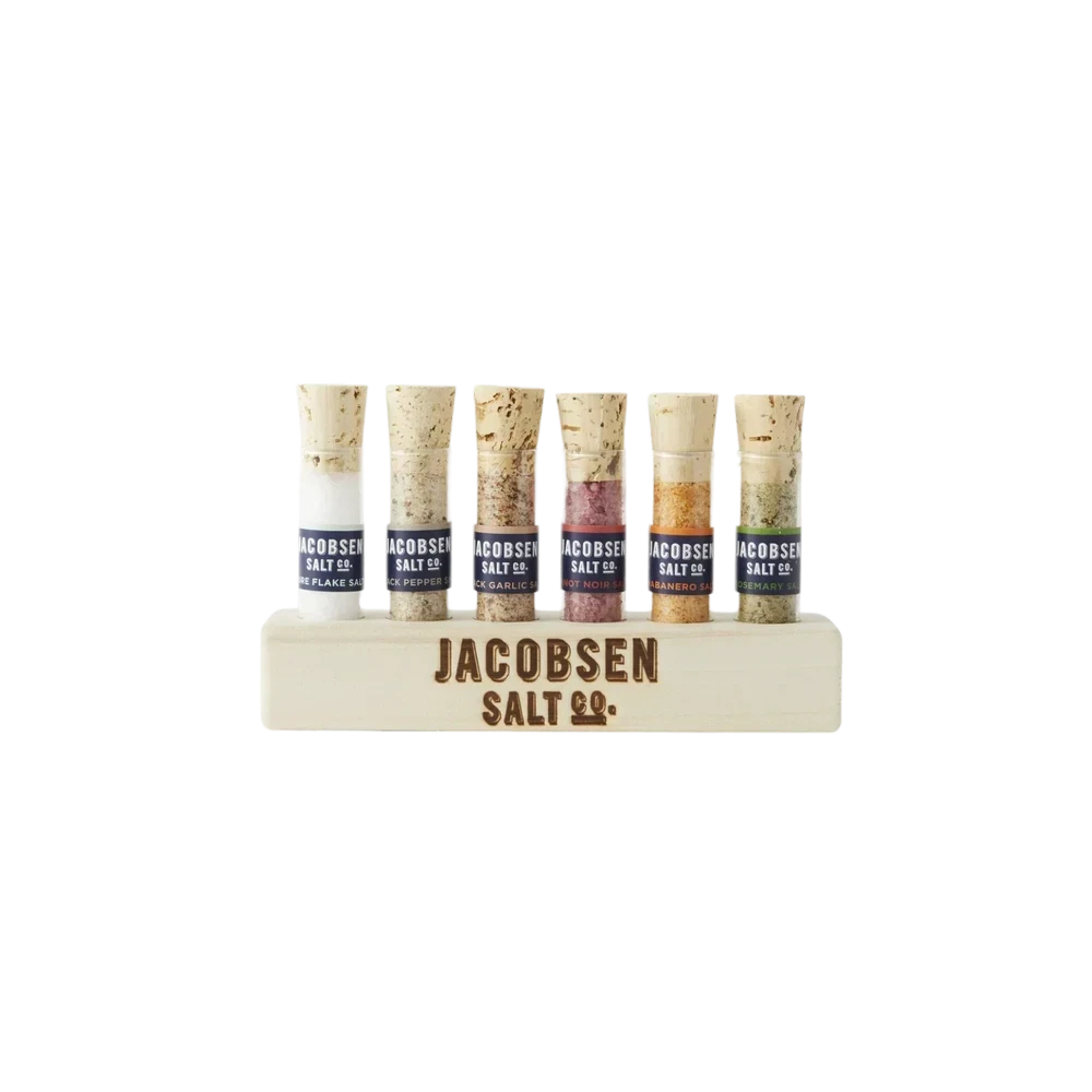 Jacobsen Salt Co. Six Vial Infused Salt Set with Branded Wood Stand
