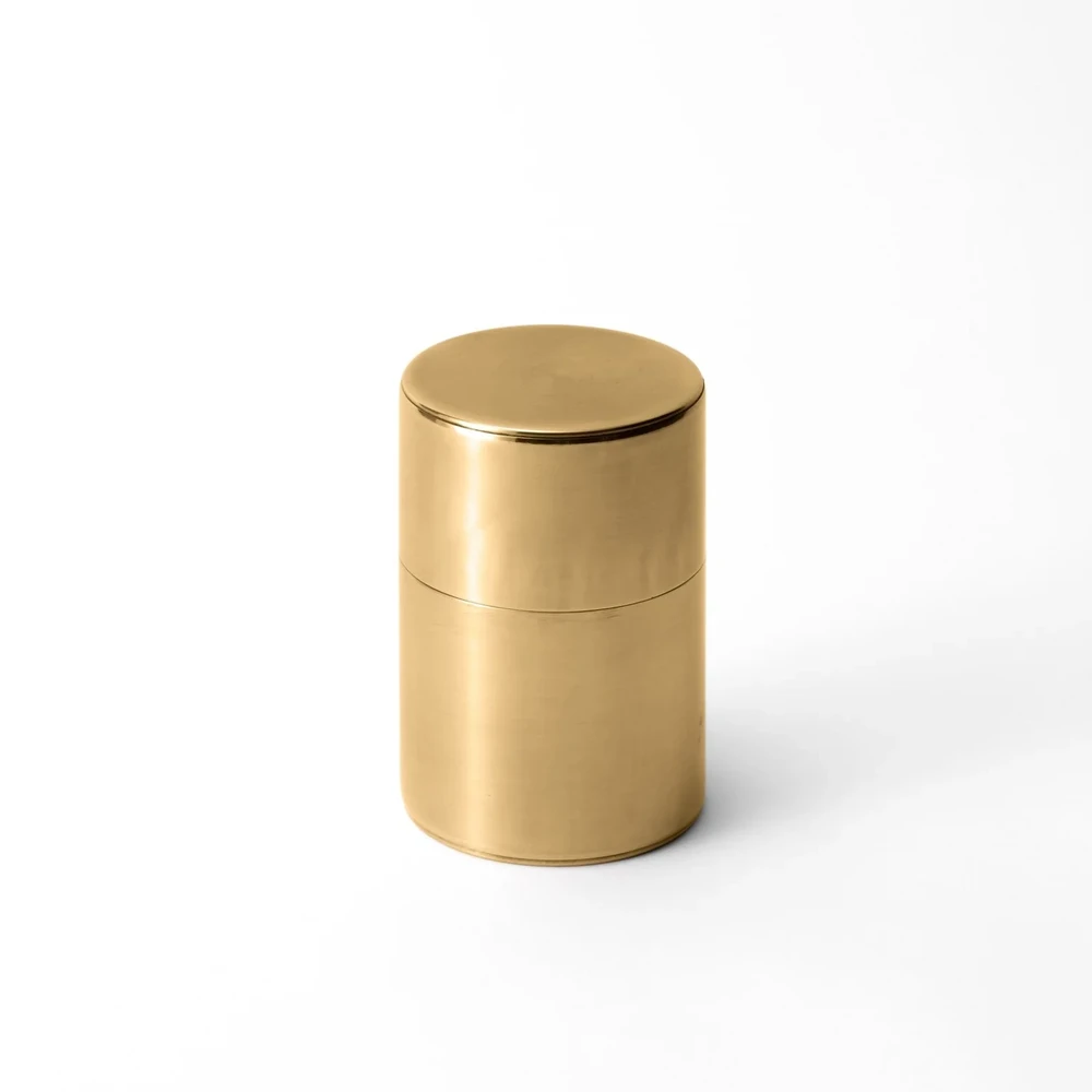 Kaikado Brass Tea Canister — handcrafted brass tea caddy, polished gold finish with precision-fit lid