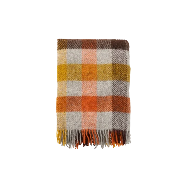 Klippan Gotland Wool Throw – brushed wool blanket, multi-color plaid with yellow orange and brown checks