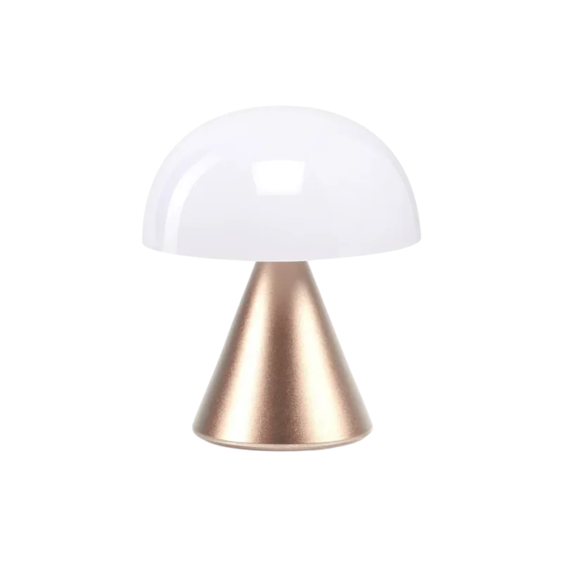 Lexon Mina M – portable LED lamp, soft gold aluminum base with glowing white dome