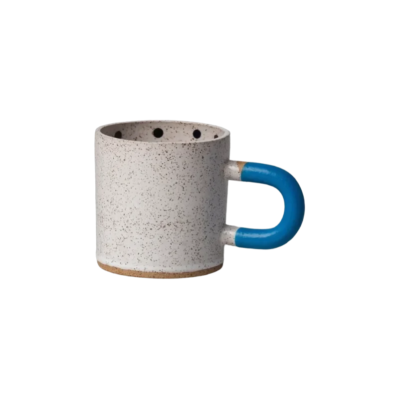 Recreation Center Dot Mug — hand-thrown ceramic mug, speckled clay with blue rubber-dipped handle