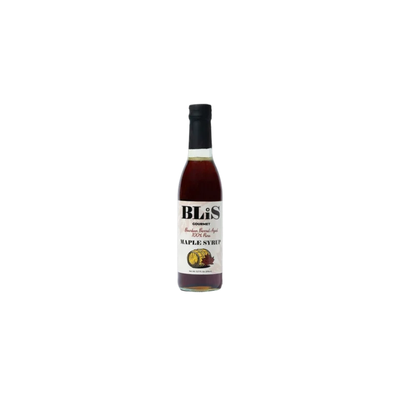 BLiS Bourbon Barrel Aged Maple Syrup – amber syrup in glass bottle with cork top, cream label with barrel illustration