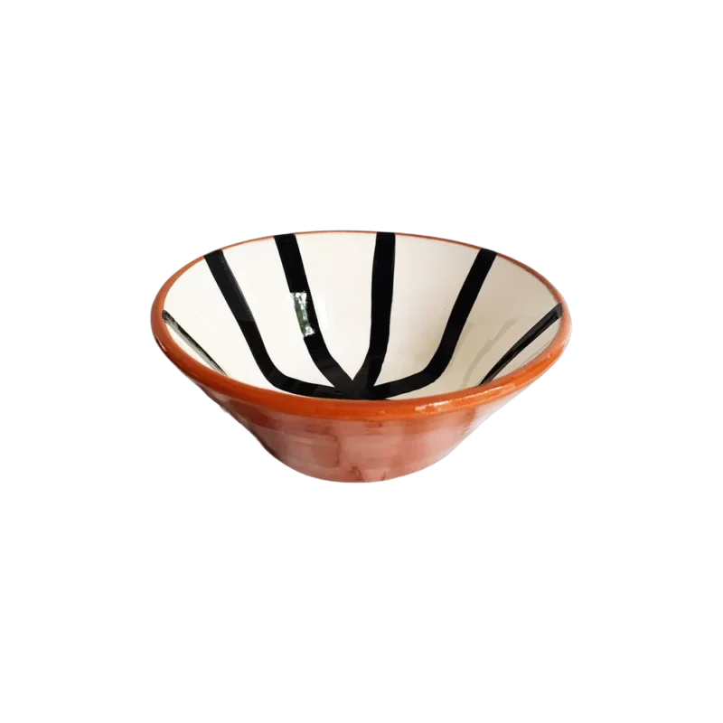 Casa Cubista Segment Bowl Large — hand-painted terracotta serving bowl, white interior with black graphic stripes
