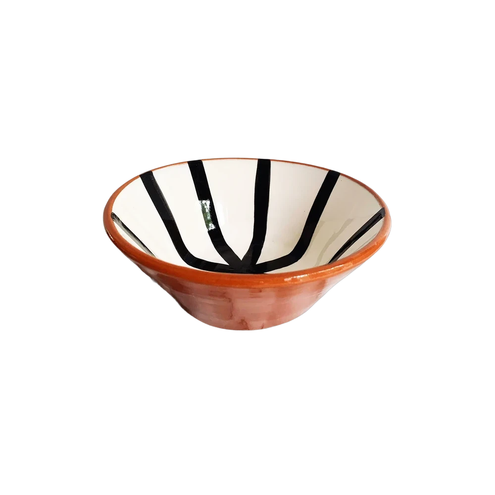 Casa Cubista Segment Bowl Large — hand-painted terracotta serving bowl, white interior with black graphic stripes