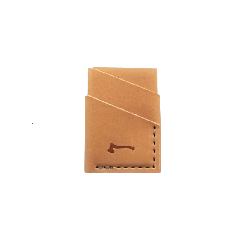 Craft and Lore Port Wallet — minimalist leather card wallet, natural vegetable-tanned leather with embossed axe logo and hand-stitched edges