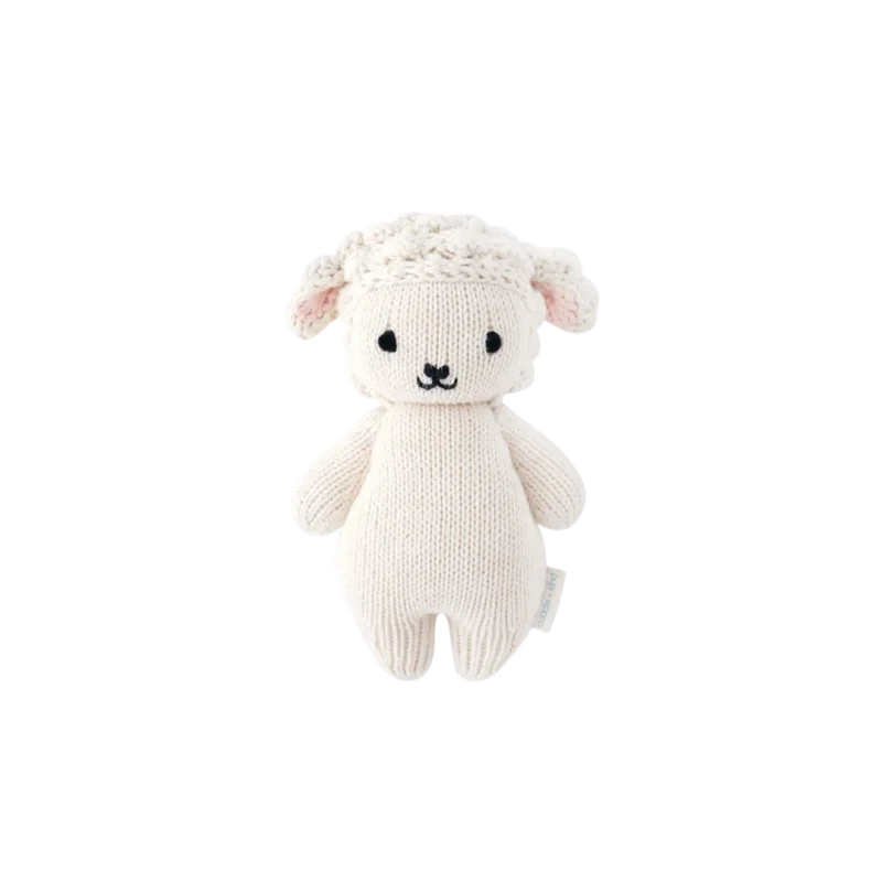 cuddle+kind Baby Lamb — hand-knit stuffed animal, cream cotton yarn with bobble-stitch cap and embroidered face