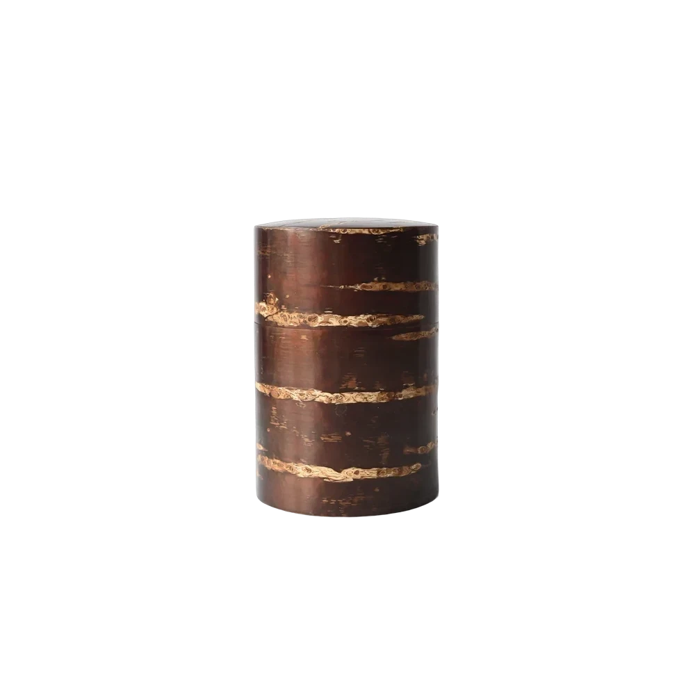 Denshiro Cherry Bark Tea Canister — Japanese kabazaiku tea caddy, dark cherry bark with natural golden lenticels