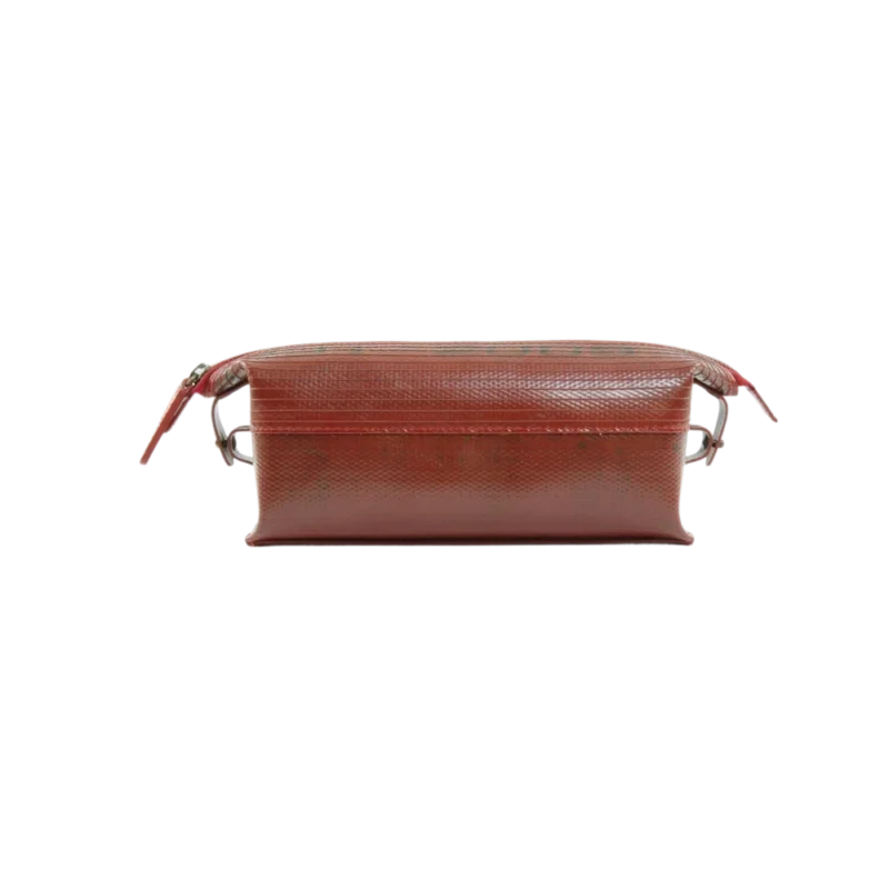 Elvis & Kresse Medium Washbag Fire Hose — red toiletry bag, reclaimed fire hose material with textured finish and metal hardware