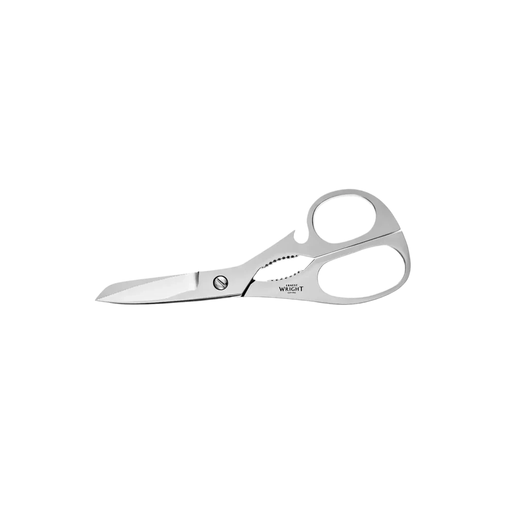 Ernest Wright Kutrite Kitchen Scissors — hand-forged stainless steel kitchen scissors, polished silver finish with ergonomic handles and serrated blade