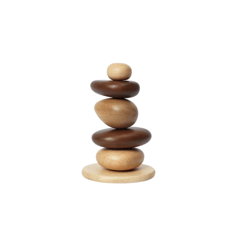 Ferm Living Pebble Stacking Blocks — wooden stacking toy, alternating light and dark oak pebble-shaped pieces on round base