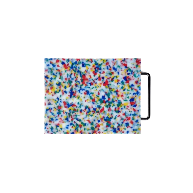 Fredericks & Mae Multi Confetti Cutting Board — HDPE cutting board, colorful terrazzo-style confetti pattern with black metal handle