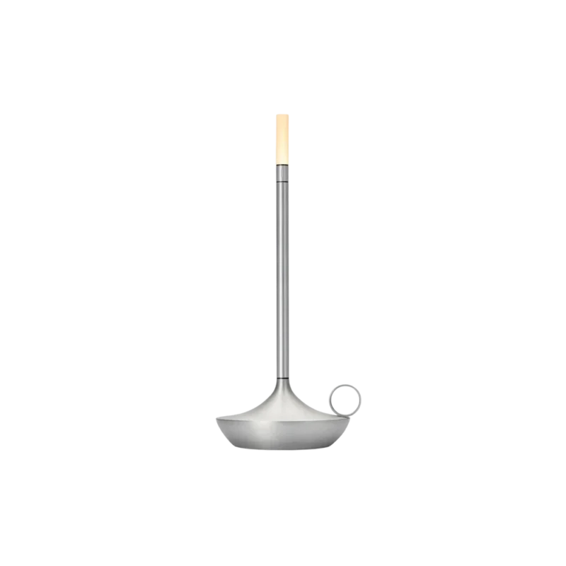 Graypants Wick Portable LED Lamp — rechargeable cordless table lamp, brushed aluminum finish with brass touch ring and warm LED glow