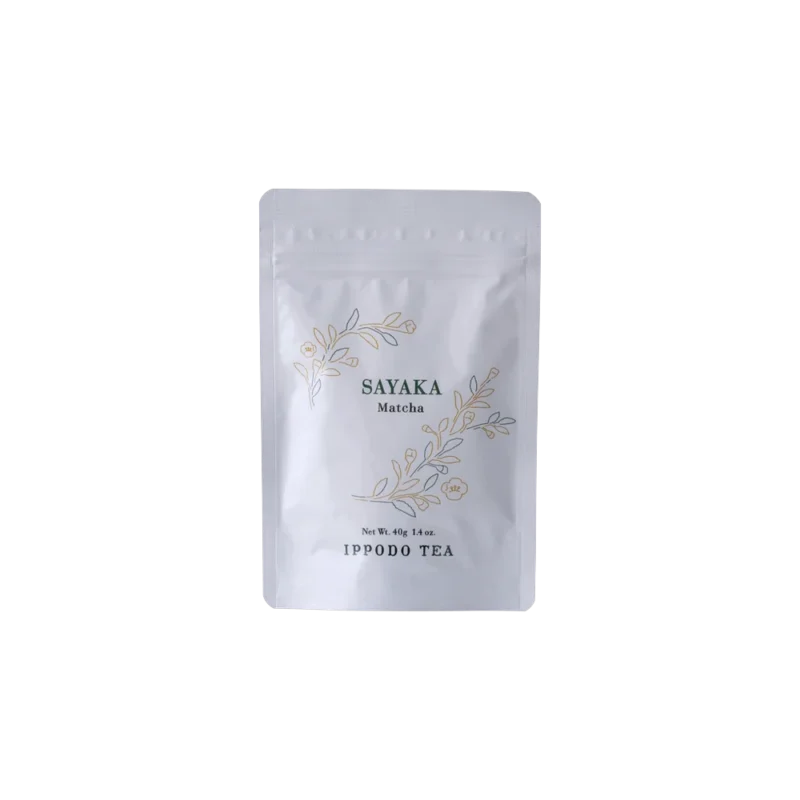 Ippodo Tea Sayaka Matcha 40g Bag — ceremonial grade matcha, elegant silver resealable pouch with gold floral accents