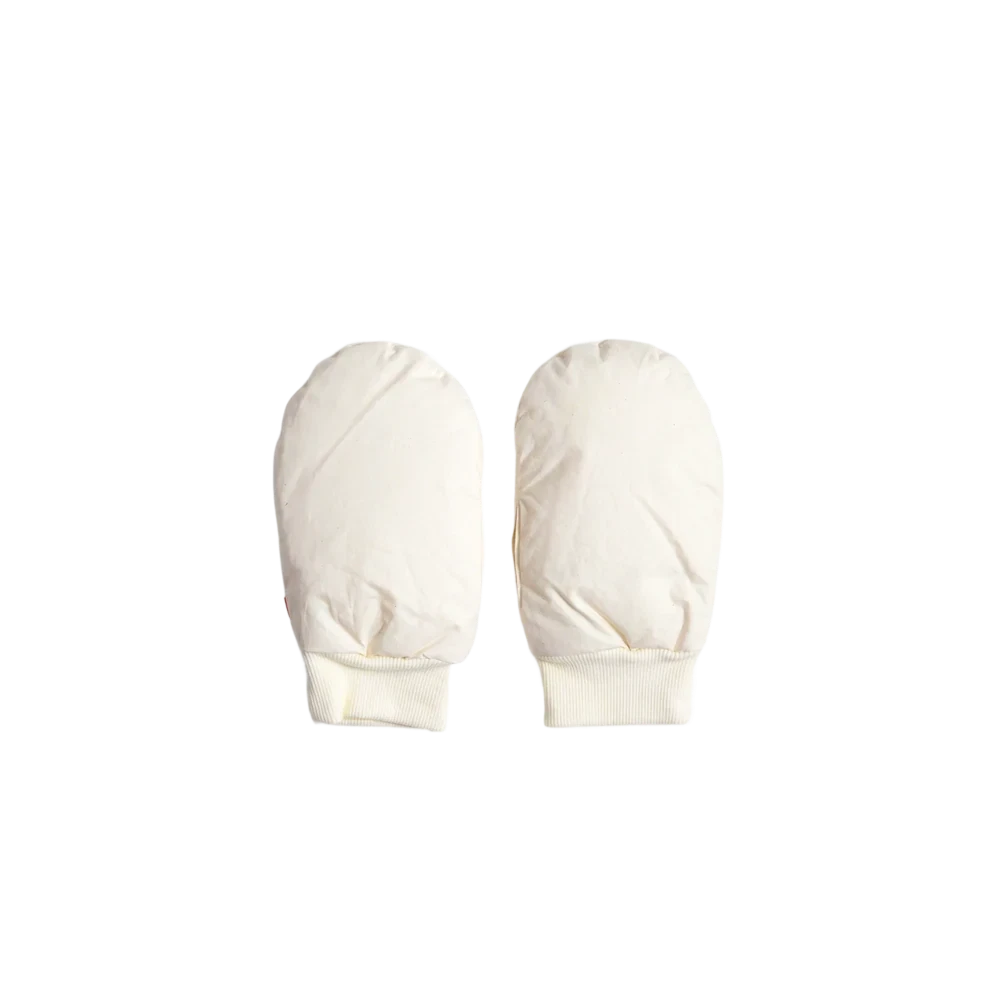 Iwata Down Feather Hand Warmers — Japanese down-filled mittens, off-white cotton shell with ribbed cuffs