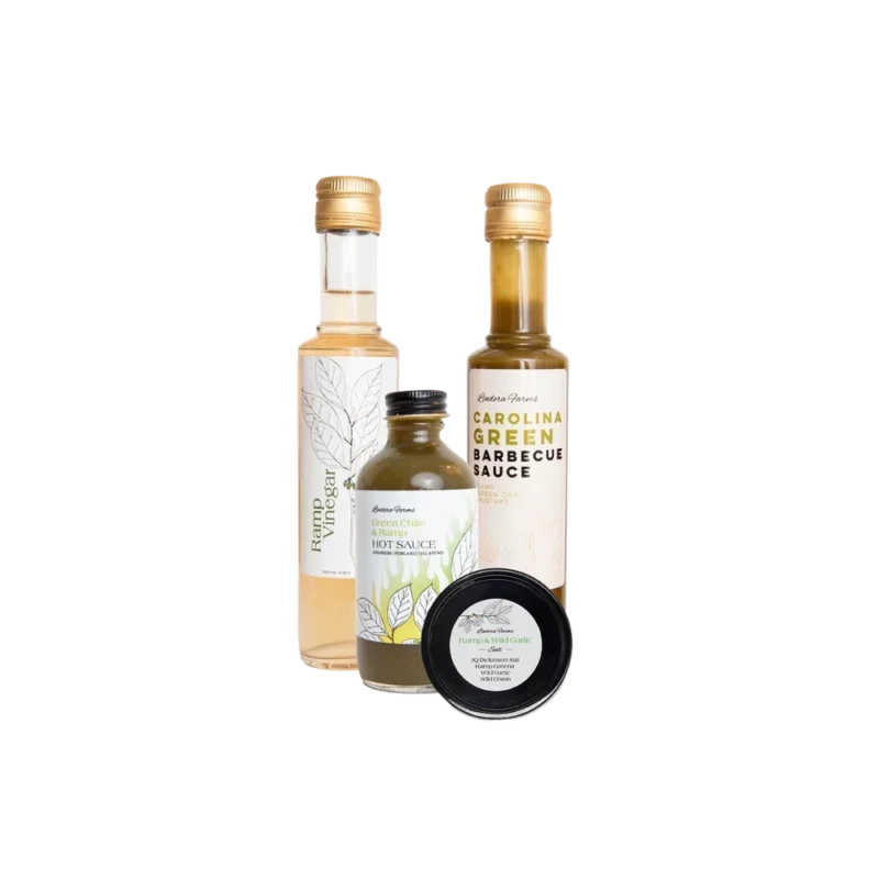 Lindera Farms Ramp Set — artisan vinegar gift set, four bottles including amber ramp vinegar, green chile hot sauce, Carolina green BBQ sauce, and ramp salt tin