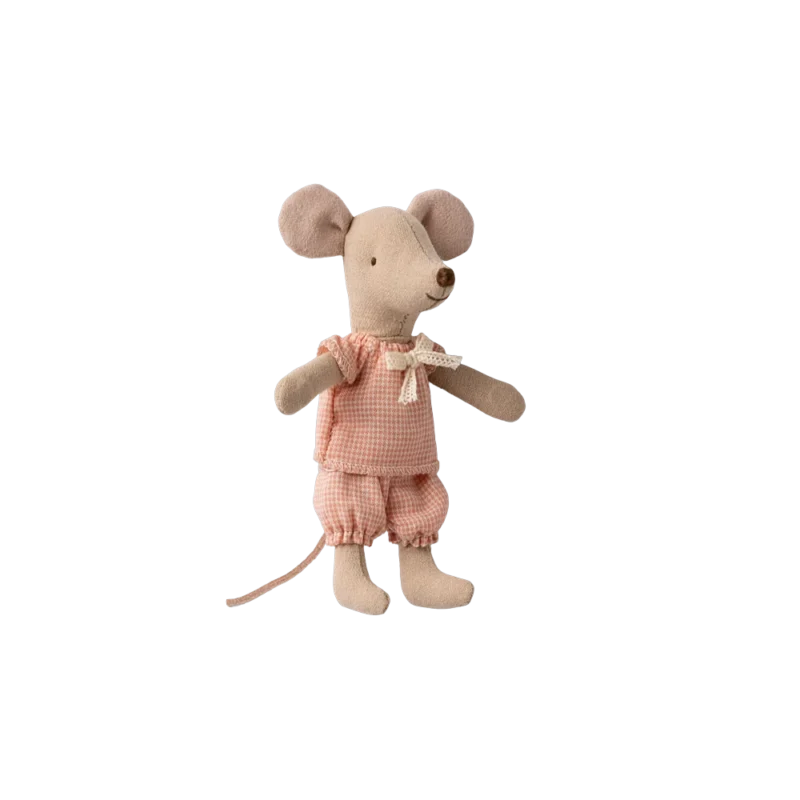 Maileg Little Sister Mouse in Matchbox — linen soft toy mouse, pink gingham pajamas with lace bow