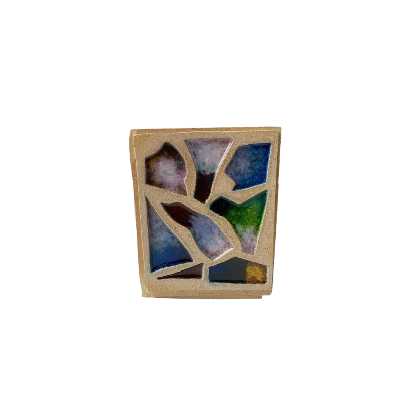 Morgan Peck Wide Mosaic Vase — handmade ceramic vase, glass frit mosaic pattern in purple, blue, green with sandy stoneware body