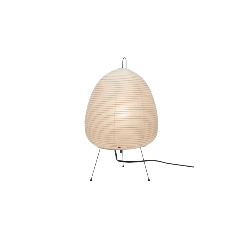 Noguchi Museum Akari 1A Table Lamp — handmade washi paper light sculpture, egg-shaped shade on black wire tripod legs with sun/moon stamp