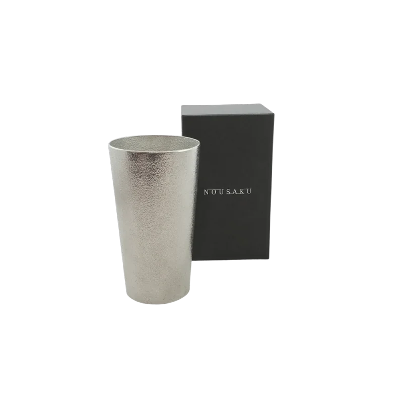 Nousaku Pure Tin Beer Cup – Japanese tin beer cup with textured nashiji surface and black NOUSAKU gift box
