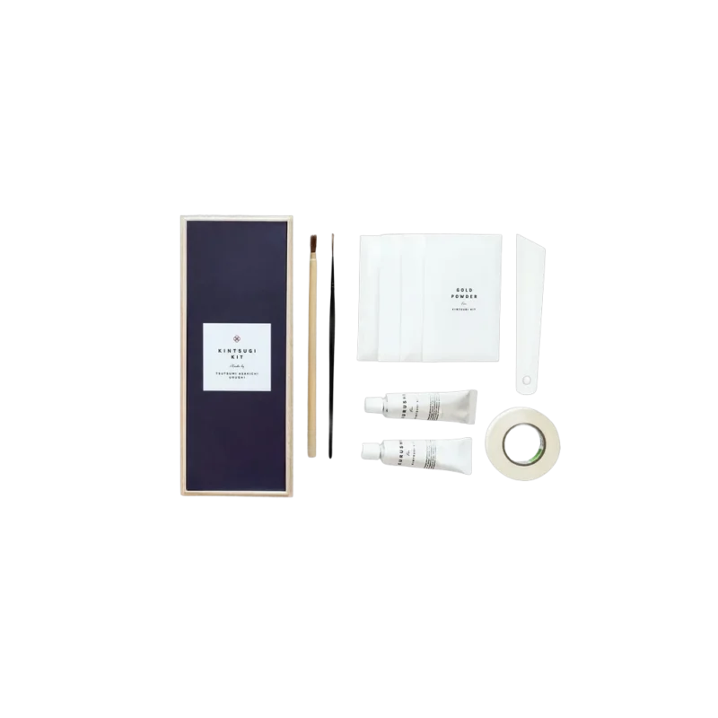 POJ Studio Kintsugi Kit - Japanese ceramic repair kit with wooden box, urushi lacquer tubes, 24K gold powder, and brushes