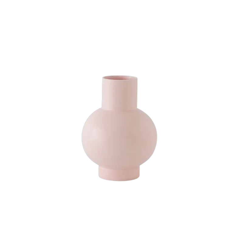 Raawii Strøm Vase Large Coral Blush — slip-cast ceramic vase, matte coral pink with spherical body and cylindrical neck
