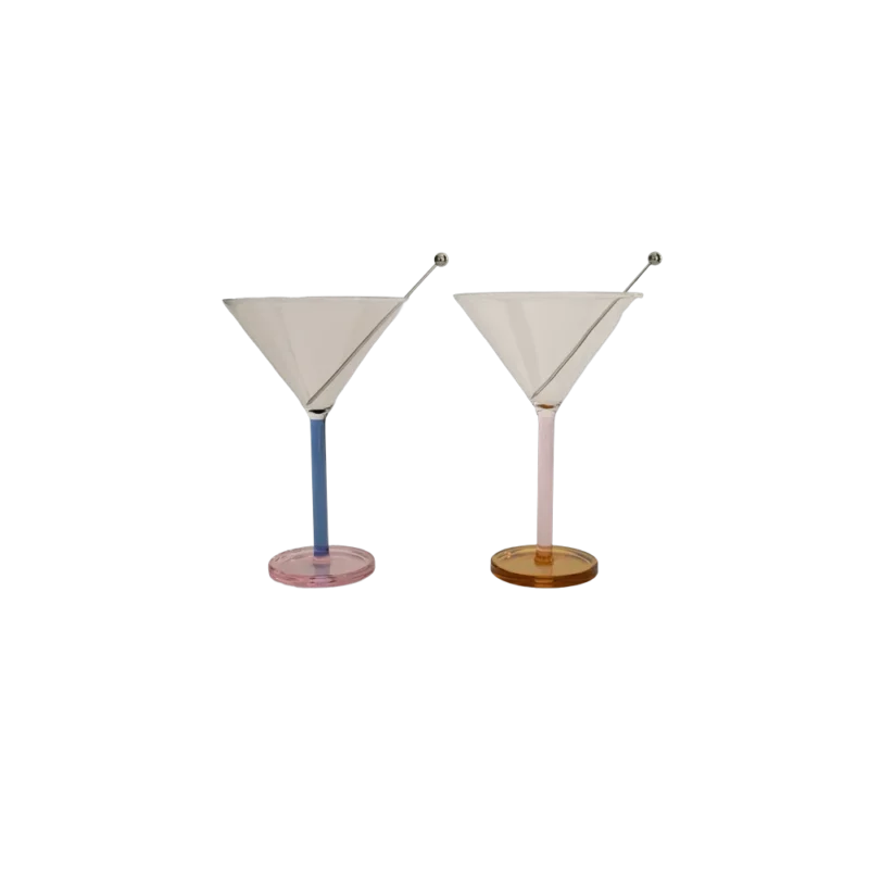 Sophie Lou Jacobsen Piano Cocktail Glasses — borosilicate martini glasses, mismatched pastel stems with blue, pink, and amber bases