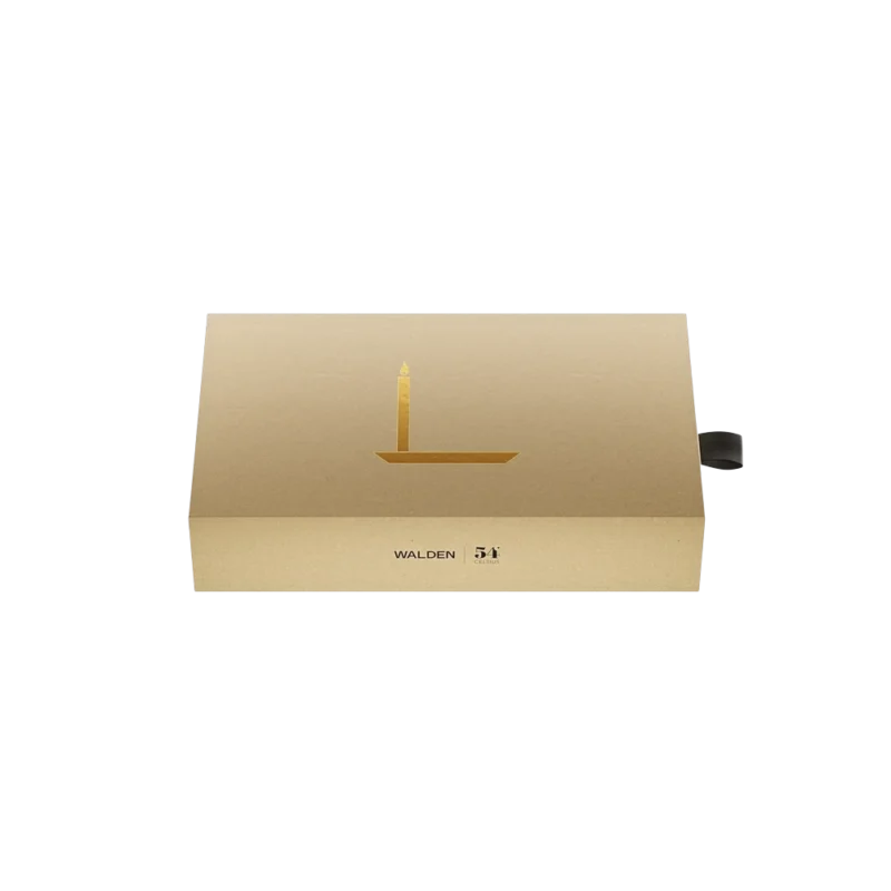 Walden 20 Minute Candle Clock Set — brass meditation timer in kraft gift box with gold foil candle illustration