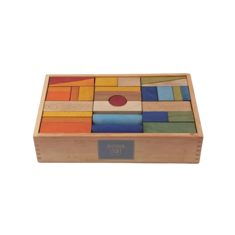 Wooden Story Rainbow Blocks XL — 63-piece rainbow wooden block set in natural wood tray, hand-finished with beeswax