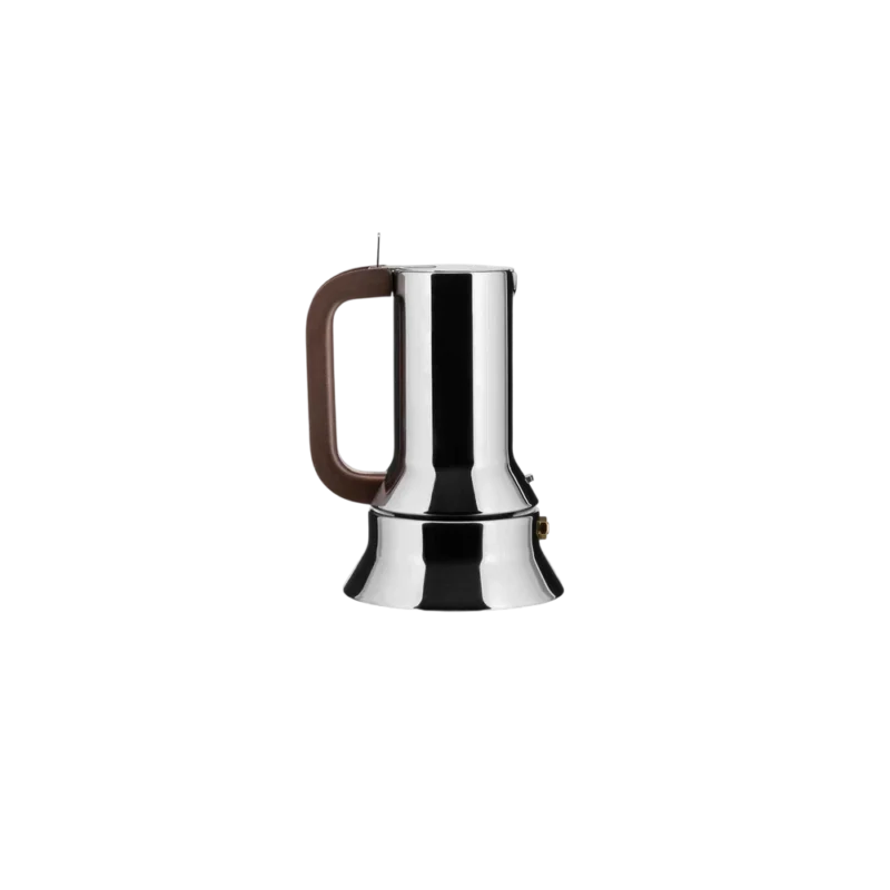 Alessi 9090 Espresso Coffee Maker — mirror-polished stainless steel stovetop espresso maker with brown handle and truncated cone silhouette