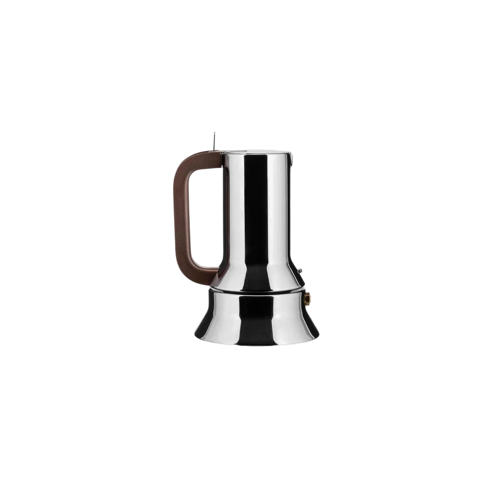 Alessi 9090 Espresso Coffee Maker — mirror-polished stainless steel stovetop espresso maker with brown handle and truncated cone silhouette