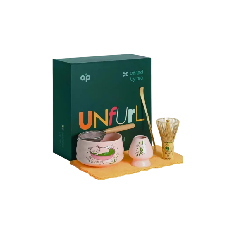 Aprika Life Unfurl Matcha Set — ceramic matcha bowl and accessories in pink with cat illustration, gift box included