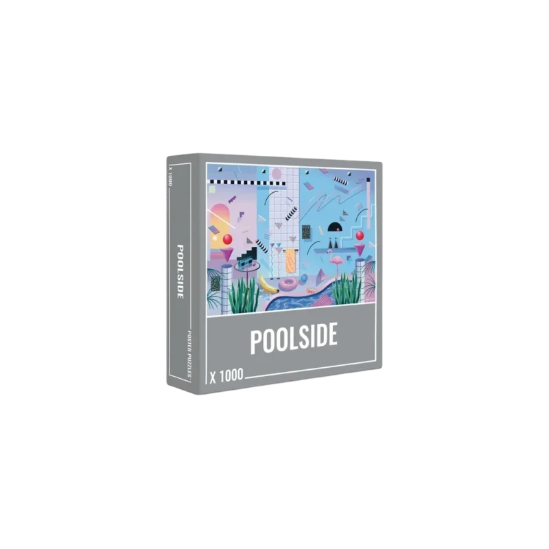 Cloudberries Poolside Puzzle - 1000-piece jigsaw puzzle box, retro-80s poolside illustration with flamingos, palm trees, and geometric shapes in pastel blue and pink