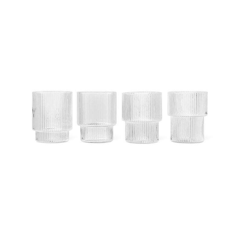Ferm Living Ripple Glasses Set of 4 — mouth-blown drinking glasses, four different geometric silhouettes with vertical ribbed texture