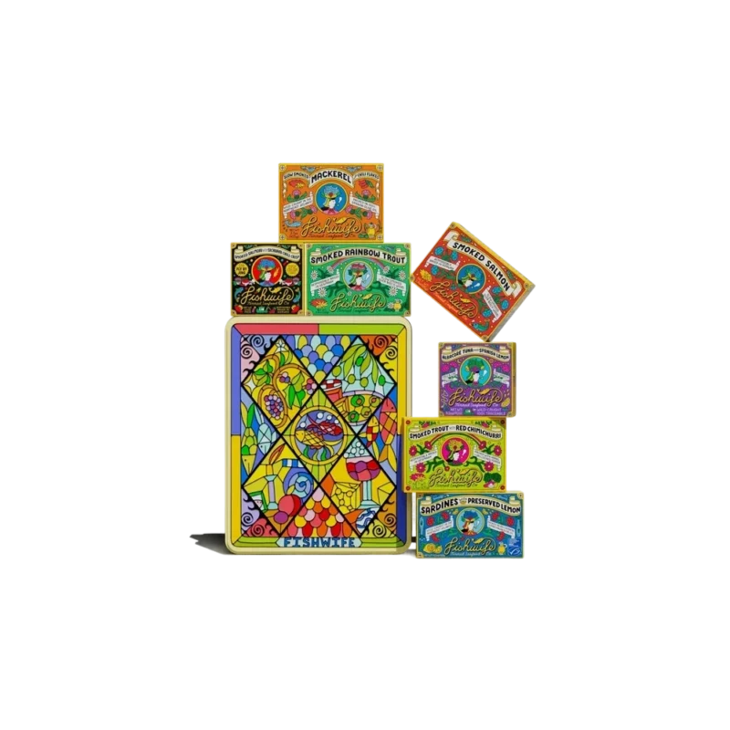 Fishwife Starter Pack Gift Tin -- seven tinned fish varieties with Danny Miller stained-glass illustration gift tin, displayed with individual tins in orange, green, red, purple, and blue packaging