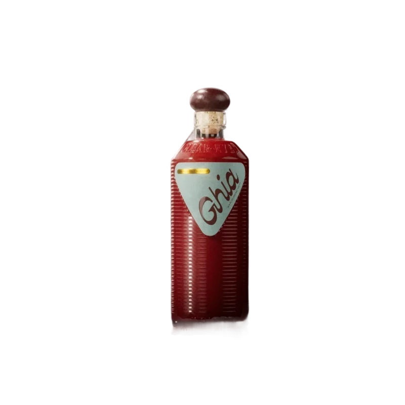 Ghia Original Aperitif — non-alcoholic botanical aperitif, ribbed apothecary glass bottle with deep ruby liquid, burgundy cork top, and mint-green label on black background