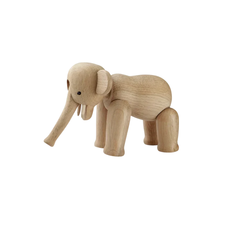 Kay Bojesen Elephant — oak wooden figurine, untreated grain with articulated joints and black bead eyes