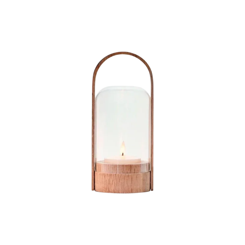 Le Klint Candlelight — rechargeable LED lantern, mouth-blown glass dome with oak handle and real candle wax on light oak base