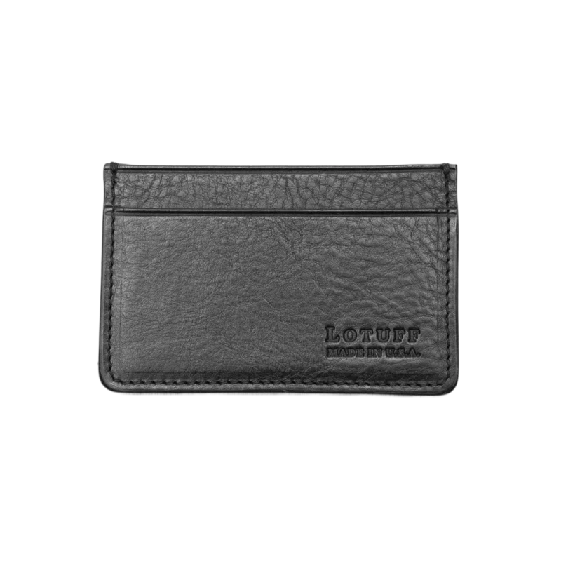 Lotuff Leather Credit Card Wallet — full-grain leather card case, black vegetable-tanned leather with embossed logo