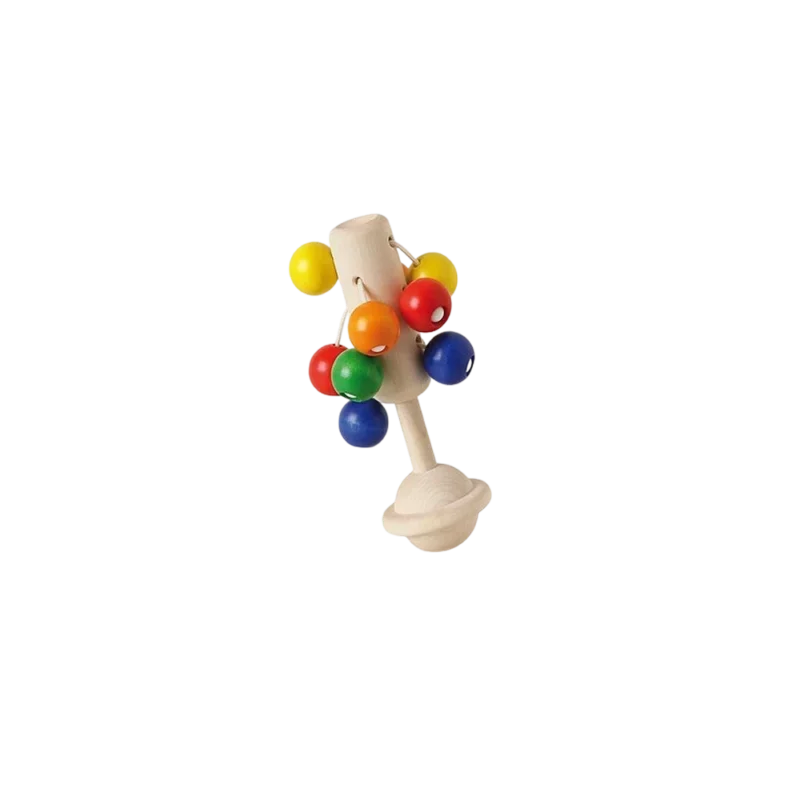 Naef Dolio Baby Rattle — precision maple wood rattle with primary-colored balls on rings, Swiss design classic