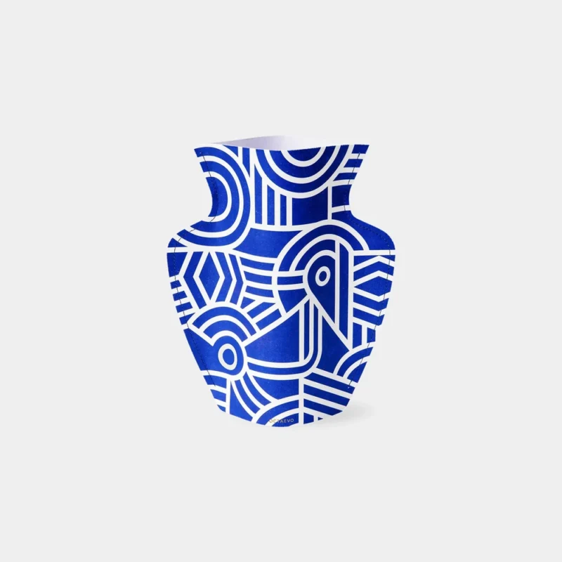 OCTAEVO Greco Paper Vase — waterproof paper vase, cobalt blue with white Greek meander pattern and gold foil accent