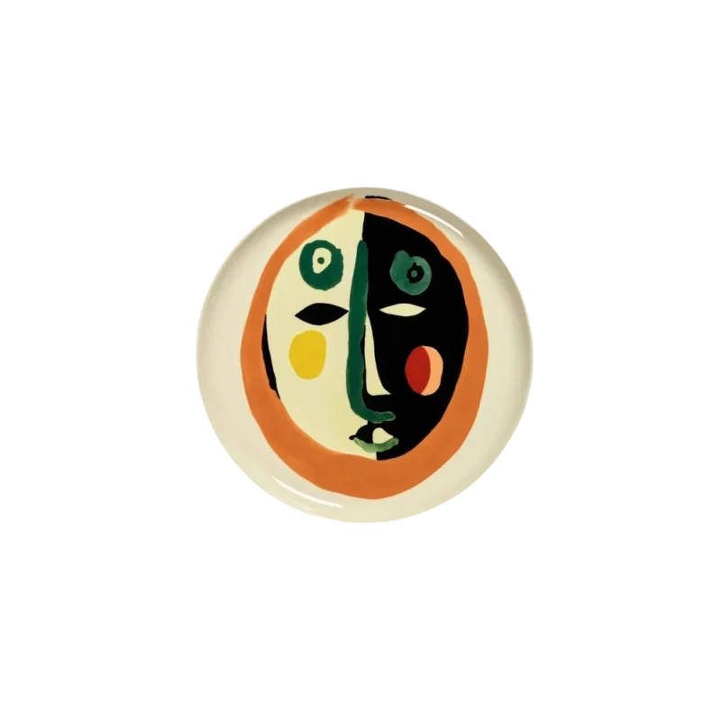 Ottolenghi x Serax FEAST Serving Plate Face 1 — hand-painted stoneware plate, abstract face in orange, green, black, and yellow on cream glaze